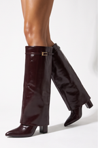 Charlotte Buckle Detail Fold Over Block Heel Knee High Boots