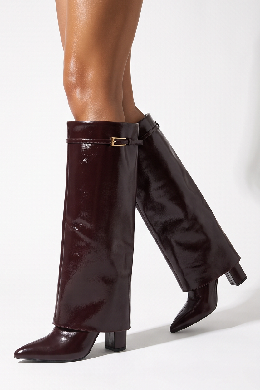 Charlotte Buckle Detail Fold Over Block Heel Knee High Boots