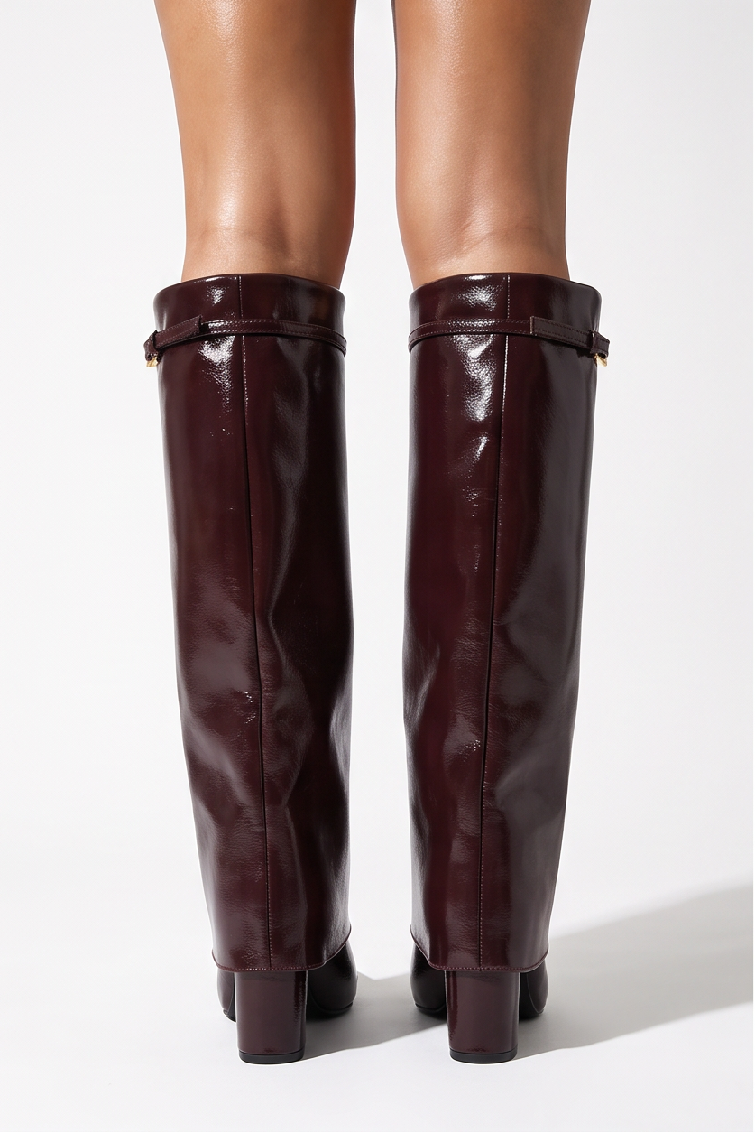 Charlotte Buckle Detail Fold Over Block Heel Knee High Boots