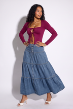 Clara Mid Wash High Rise Tiered Denim Maxi Skirt