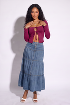 Clara Mid Wash High Rise Tiered Denim Maxi Skirt
