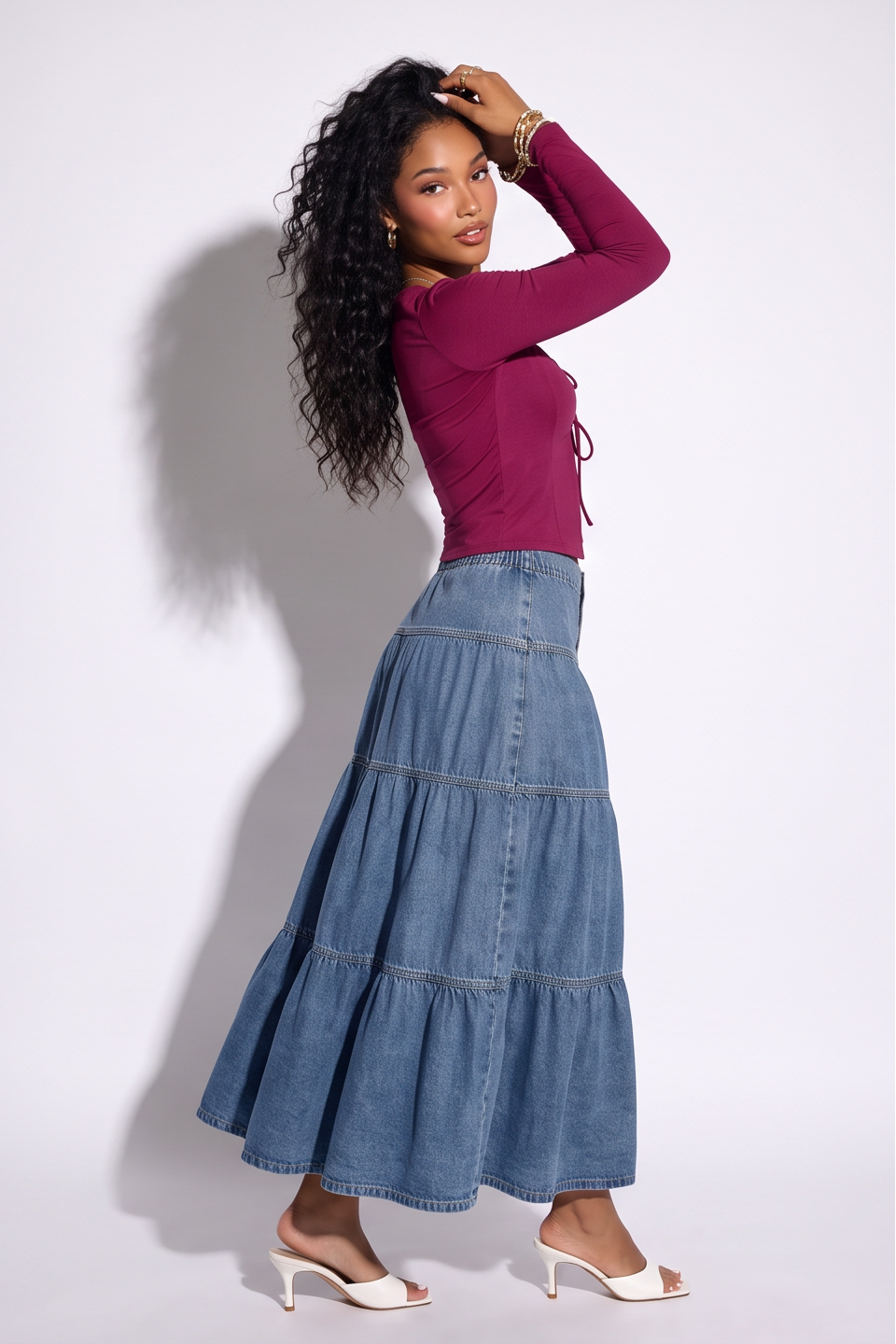 Clara Mid Wash High Rise Tiered Denim Maxi Skirt