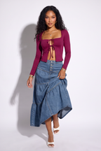 Clara Mid Wash High Rise Tiered Denim Maxi Skirt