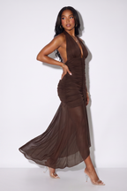 Coco Plunge Neck Ruched Backless Halter Maxi Dress