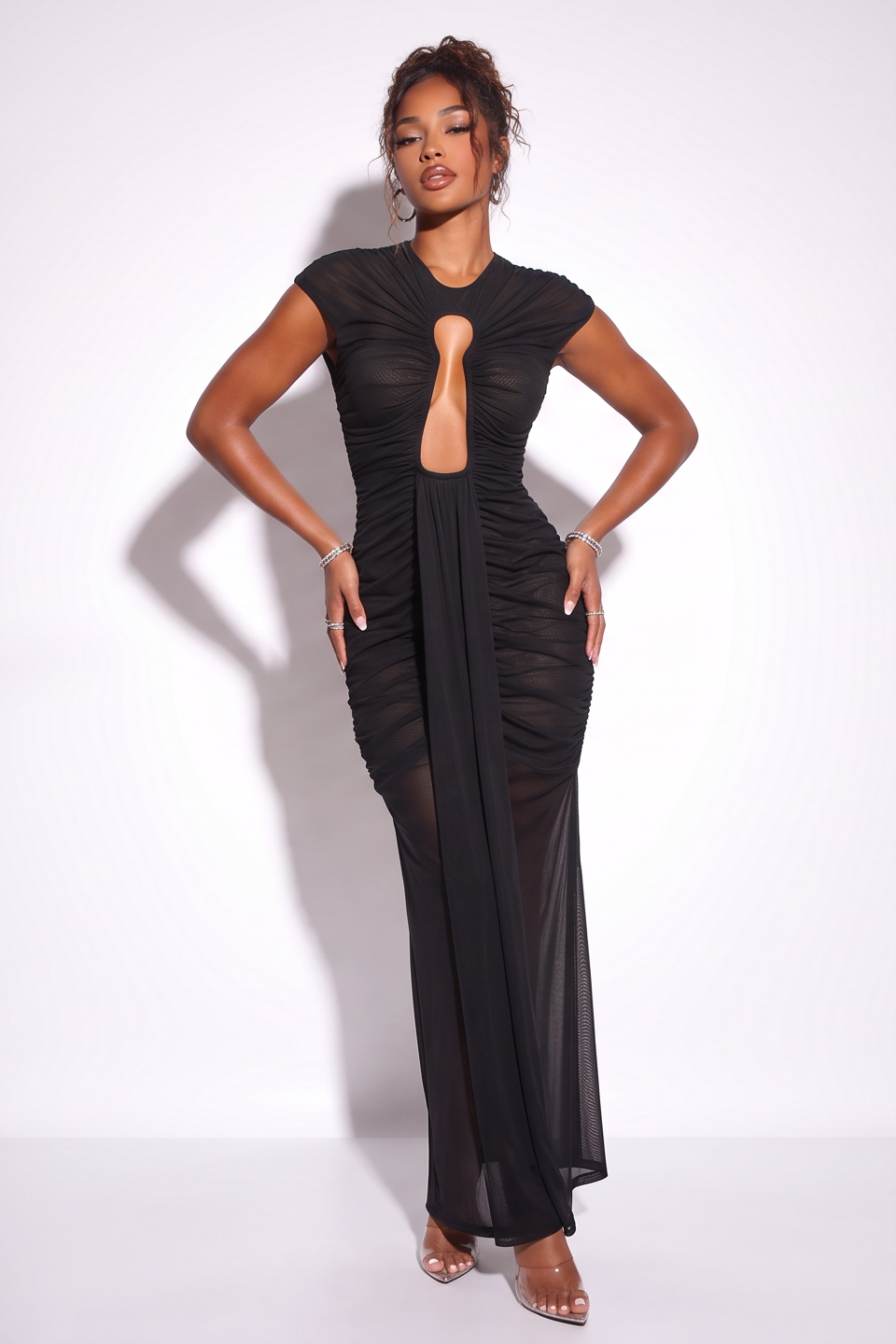 Dahlia Plunge Keyhole Front High Neck Mesh Maxi Dress