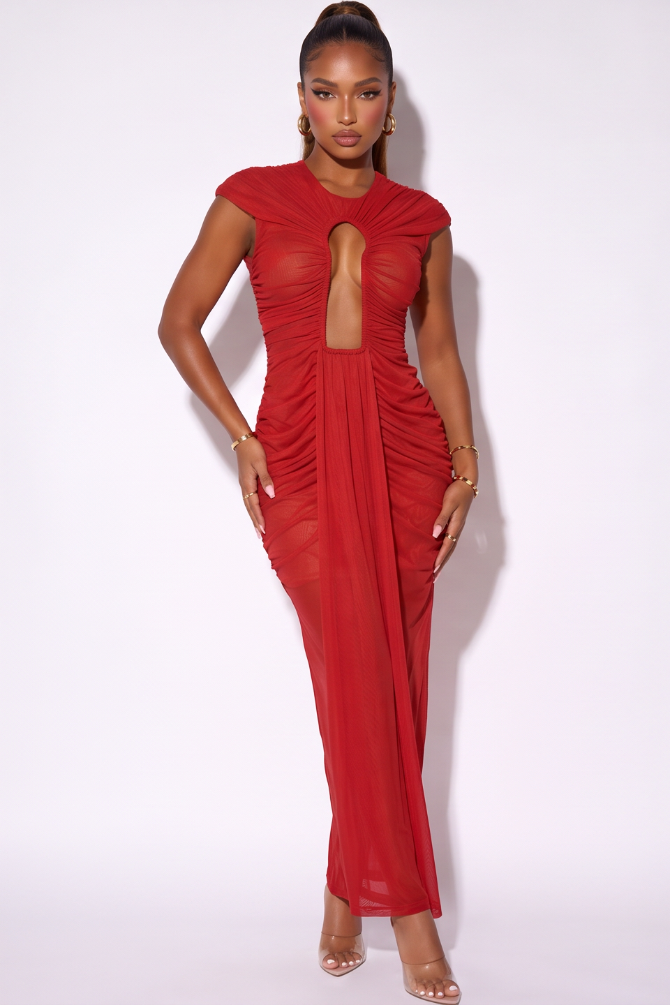Dahlia Plunge Keyhole Front High Neck Mesh Maxi Dress