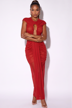 Dahlia Plunge Keyhole Front High Neck Mesh Maxi Dress