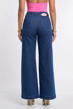 Dark Blue Wash High Waisted Retro Wide Leg Jeans