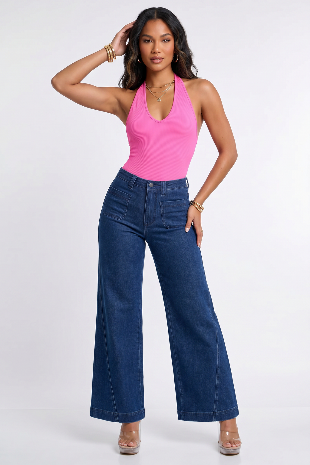 Dark Blue Wash High Waisted Retro Wide Leg Jeans