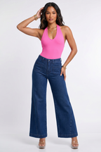 Dark Blue Wash High Waisted Retro Wide Leg Jeans