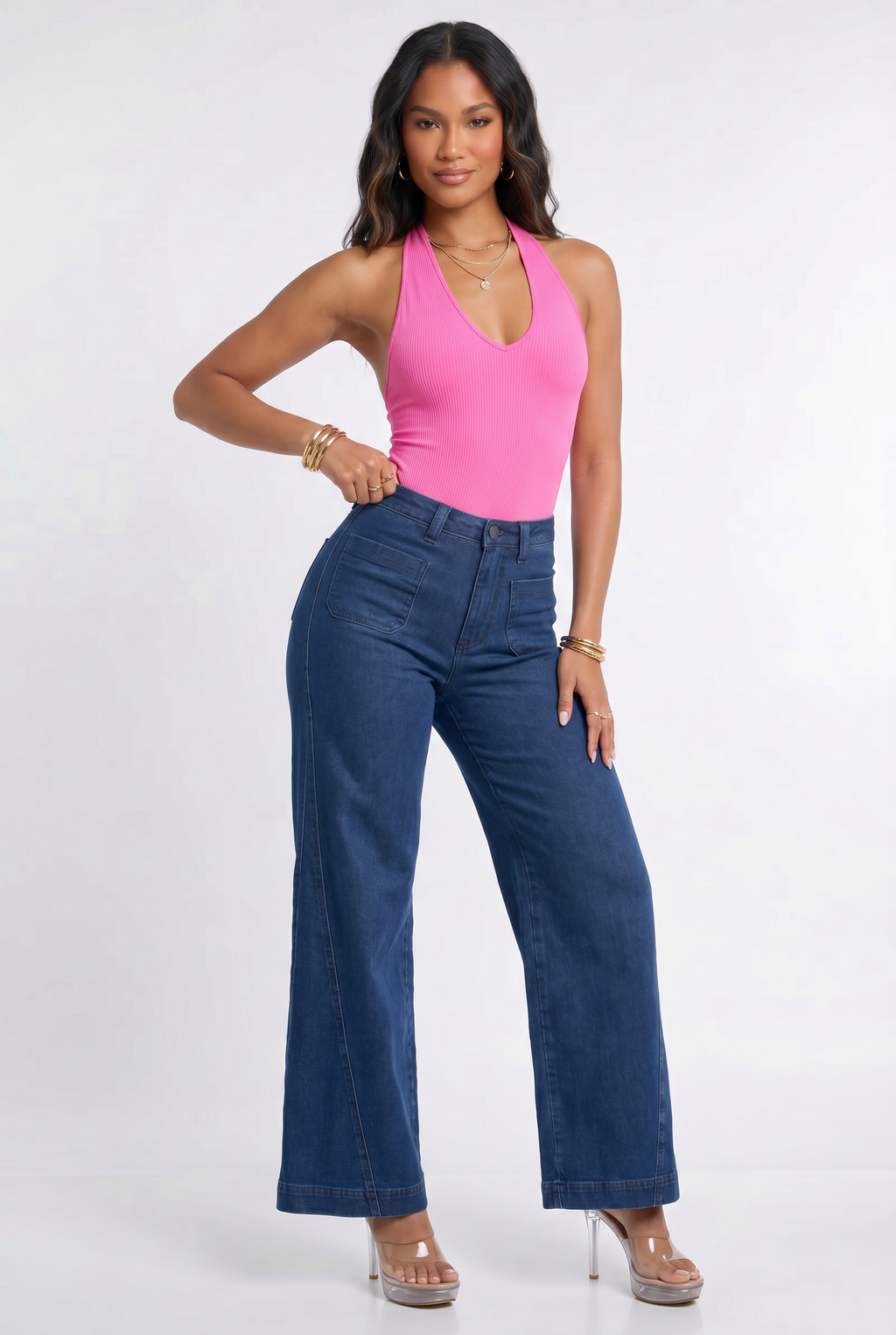Dark Blue Wash High Waisted Retro Wide Leg Jeans