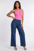 Dark Blue Wash High Waisted Retro Wide Leg Jeans
