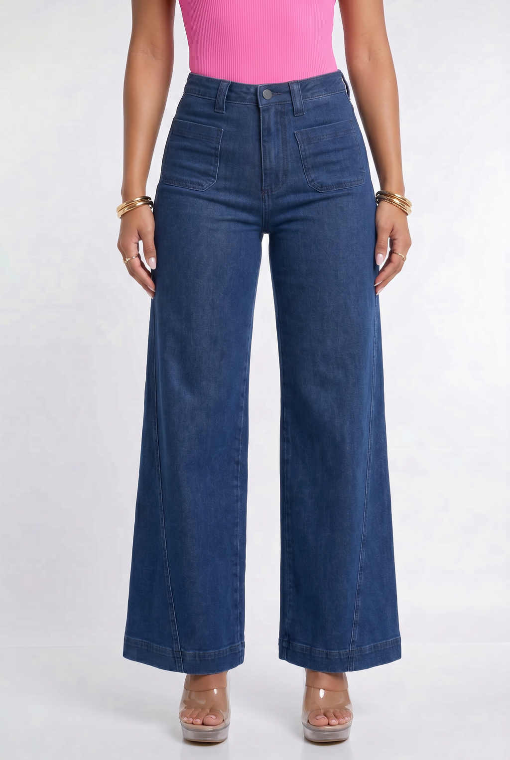 Dark Blue Wash High Waisted Retro Wide Leg Jeans