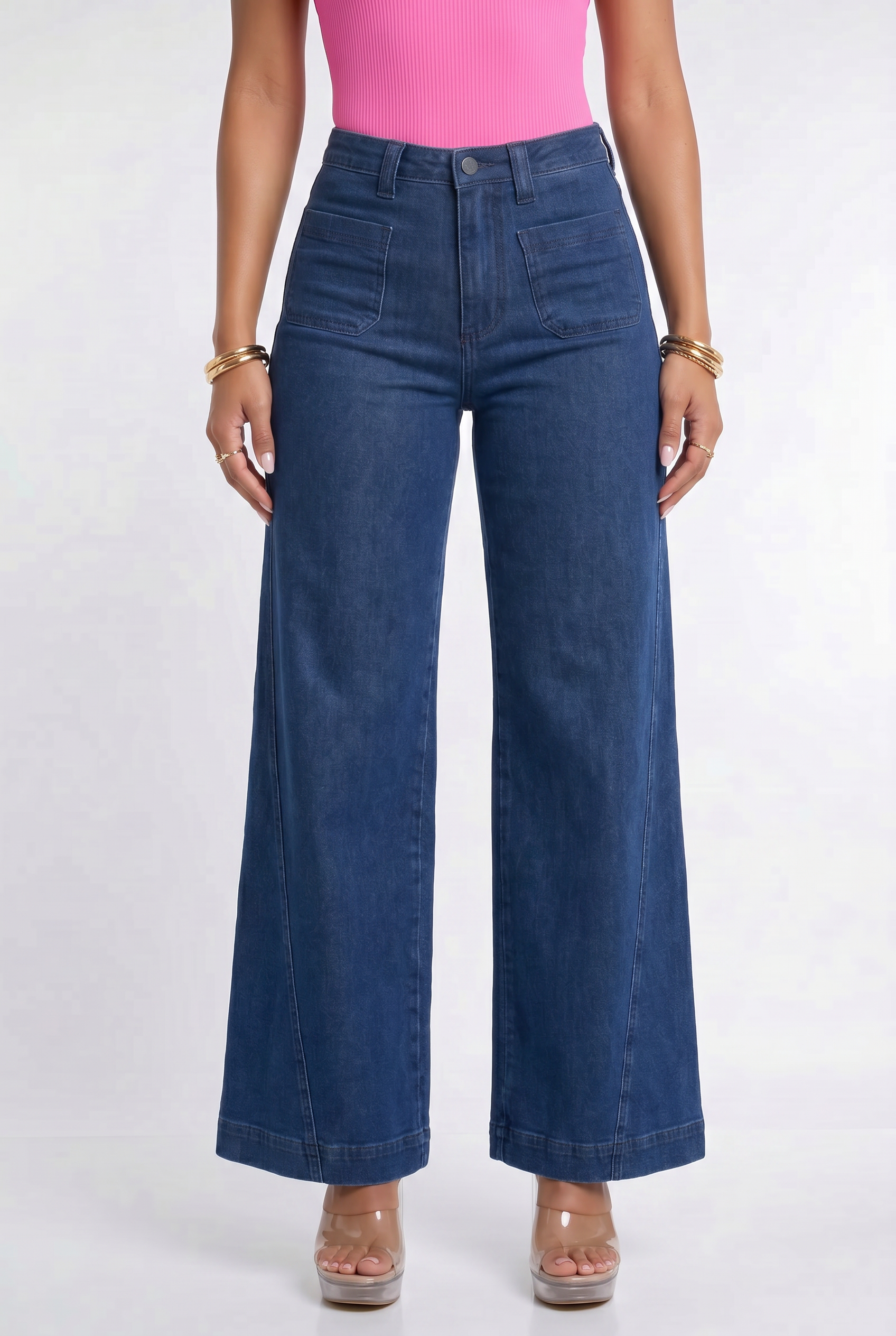 Dark Blue Wash High Waisted Retro Wide Leg Jeans
