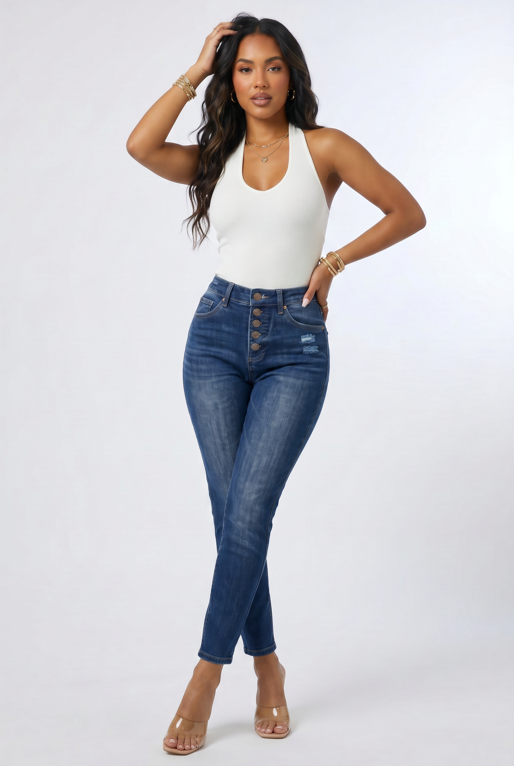 Dark Wash Button Fly High Rise Skinny Jeans