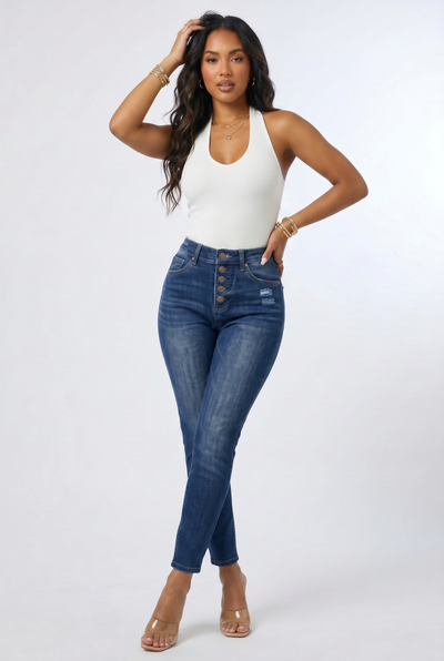 Dark Wash Button Fly High Rise Skinny Jeans