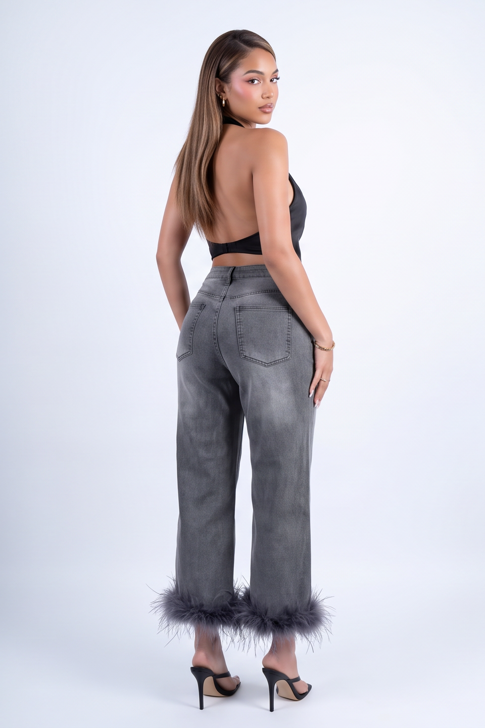 Dark Wash Feather Trim Straight Leg Jeans