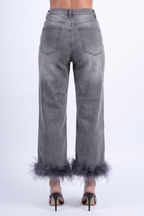 Dark Wash Feather Trim Straight Leg Jeans