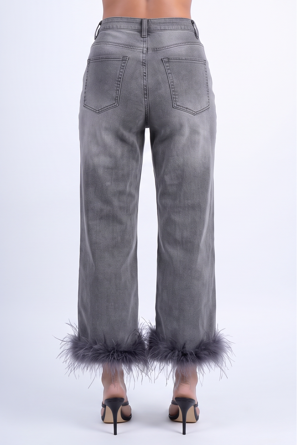Dark Wash Feather Trim Straight Leg Jeans