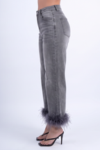 Dark Wash Feather Trim Straight Leg Jeans