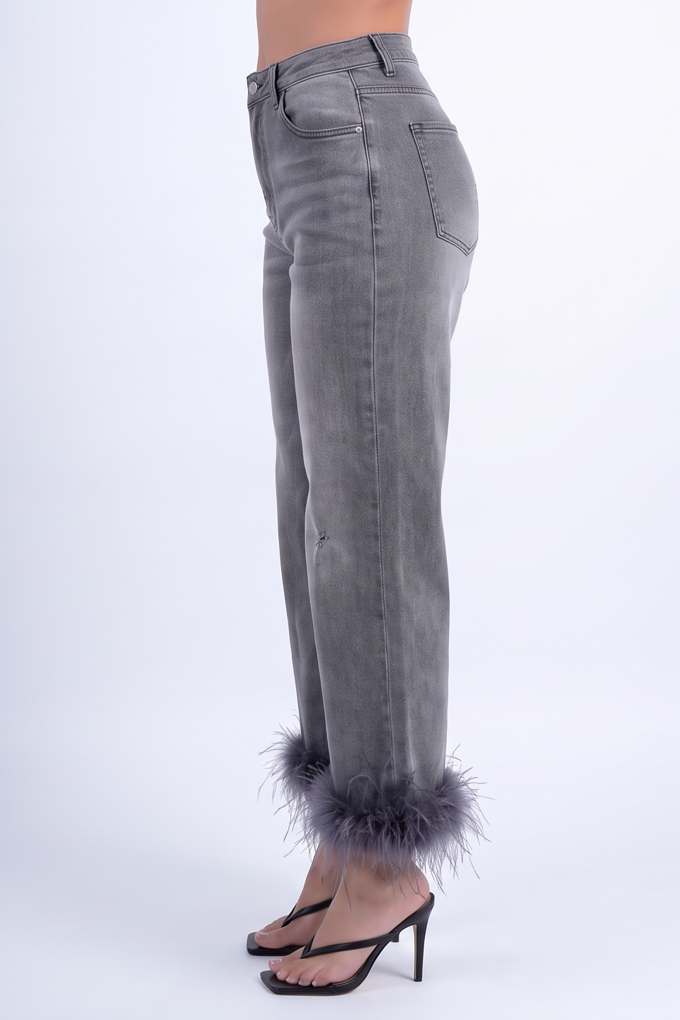 Dark Wash Feather Trim Straight Leg Jeans
