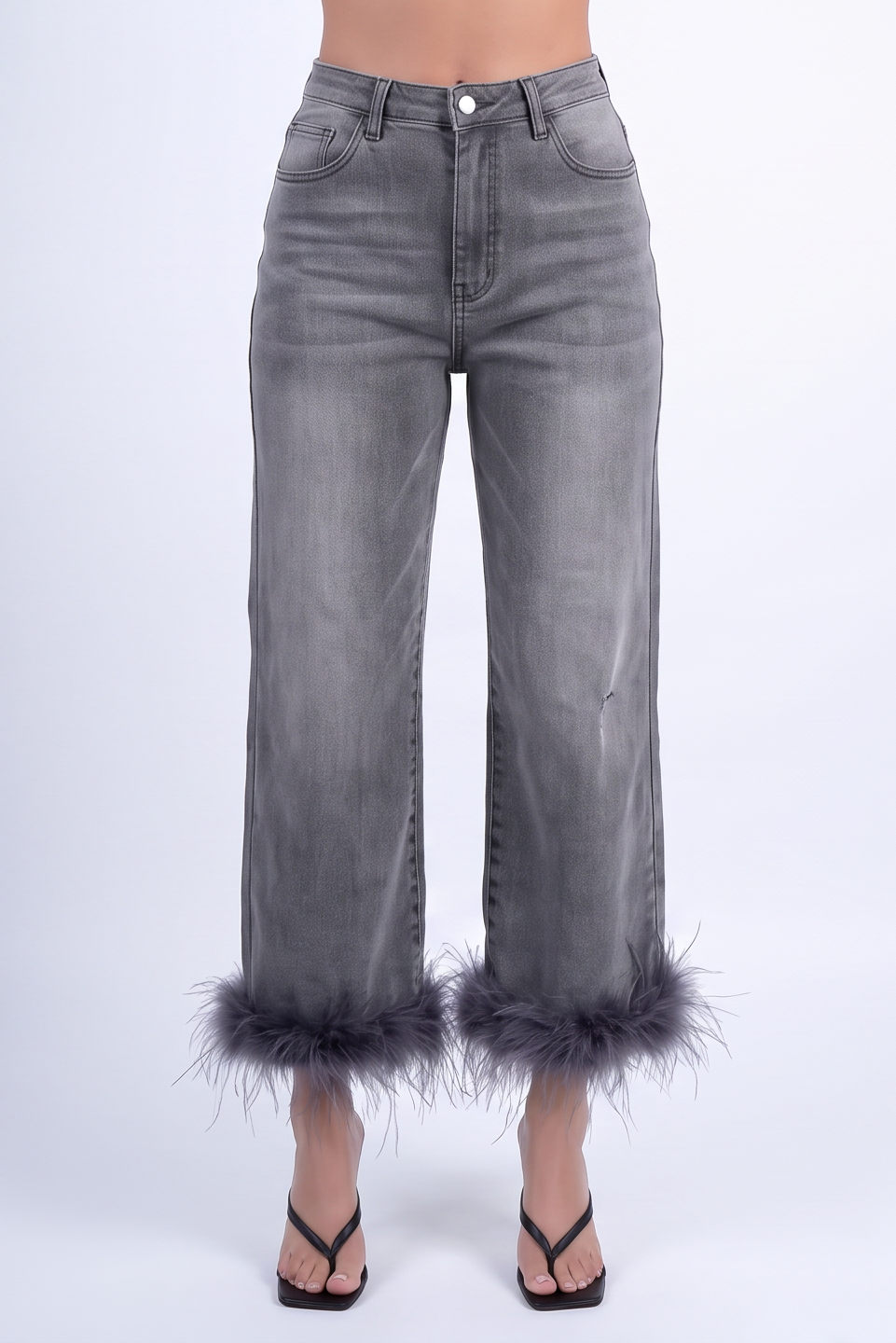 Dark Wash Feather Trim Straight Leg Jeans