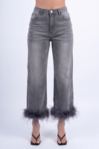 Dark Wash Feather Trim Straight Leg Jeans