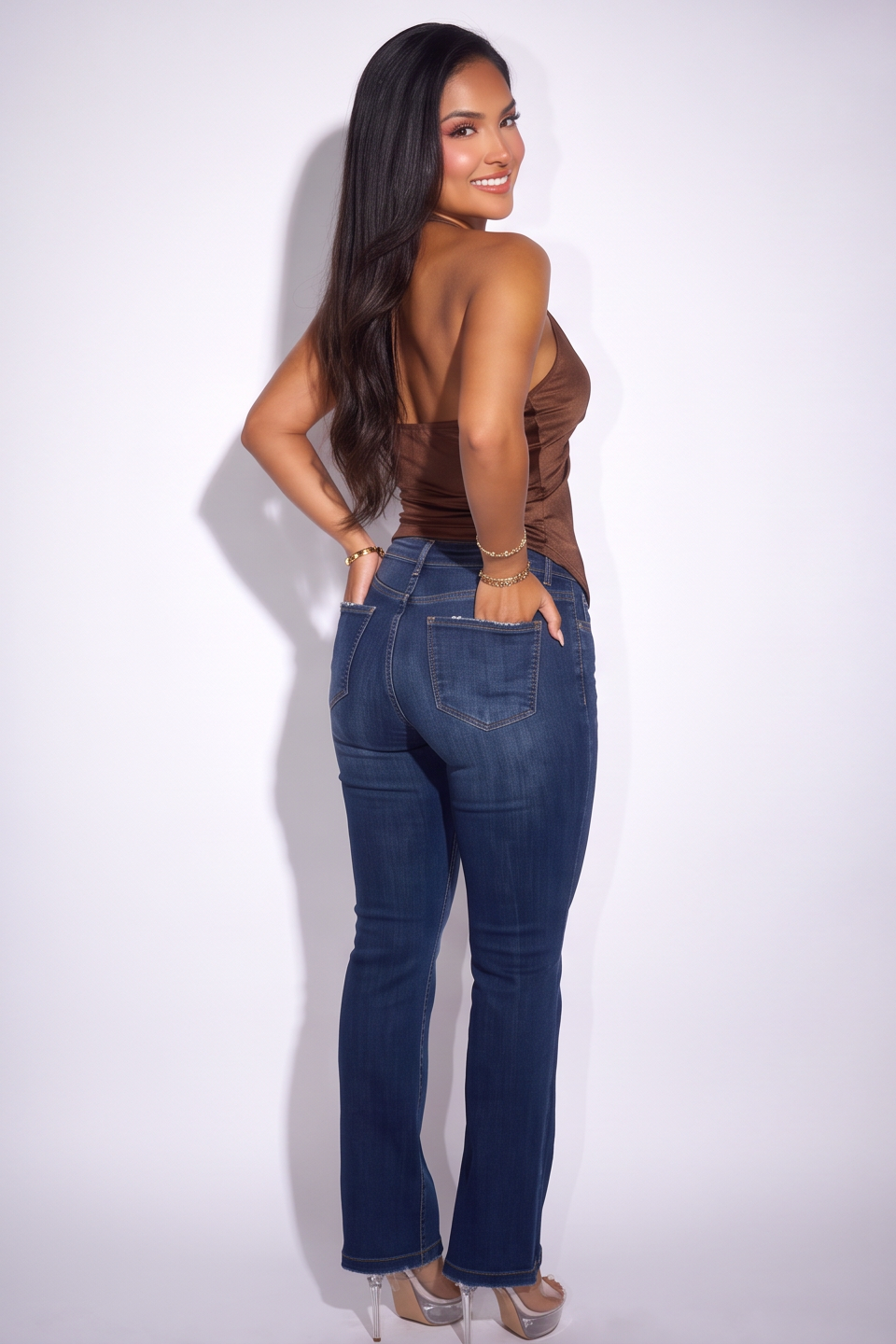 Dark Wash Frayed Hem Low Rise Flare Jeans