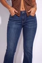 Dark Wash Frayed Hem Low Rise Flare Jeans