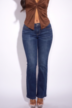 Dark Wash Frayed Hem Low Rise Flare Jeans