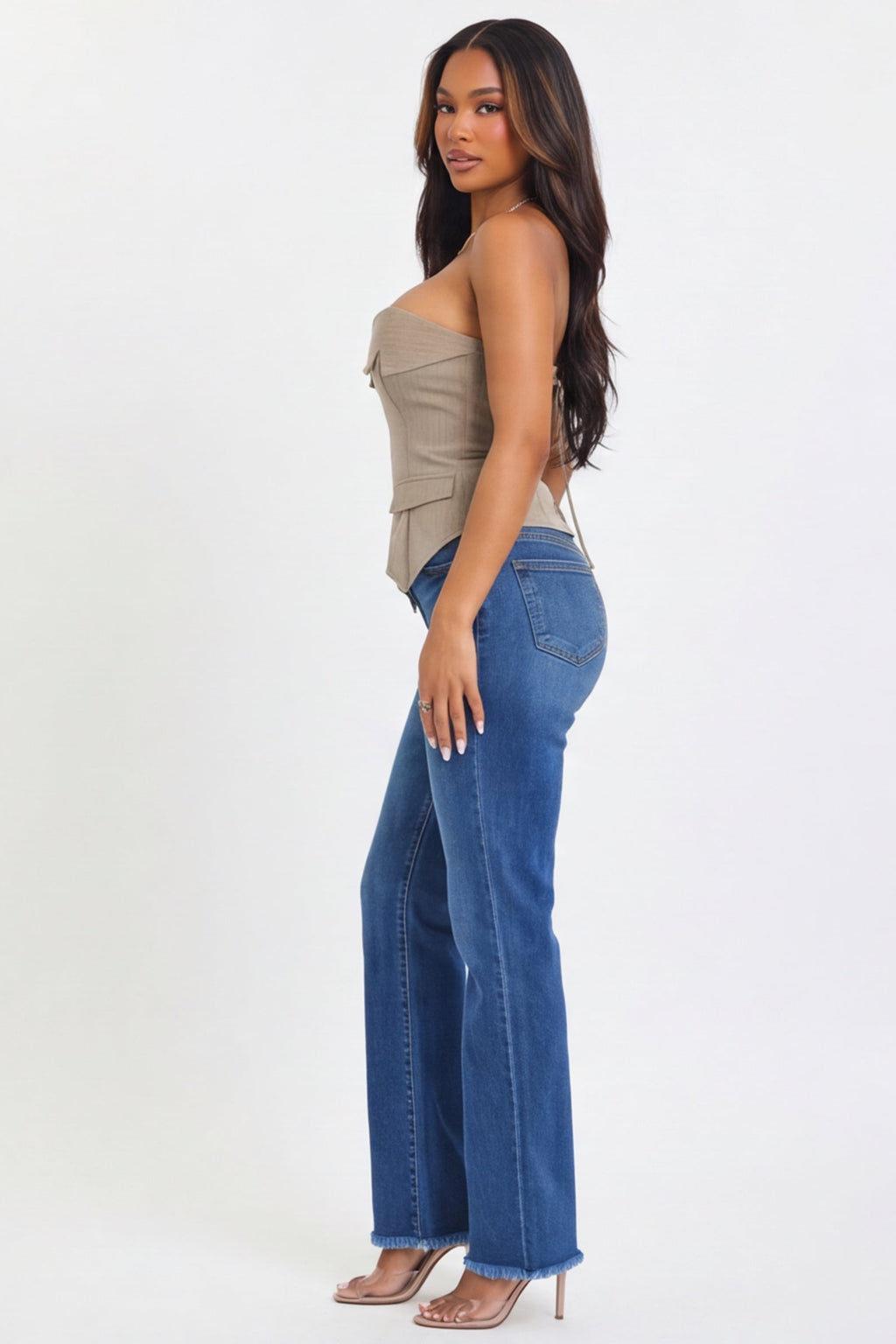 Dark Wash Frayed Waist Mid Rise Bootcut Jeans