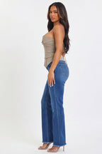 Dark Wash Frayed Waist Mid Rise Bootcut Jeans