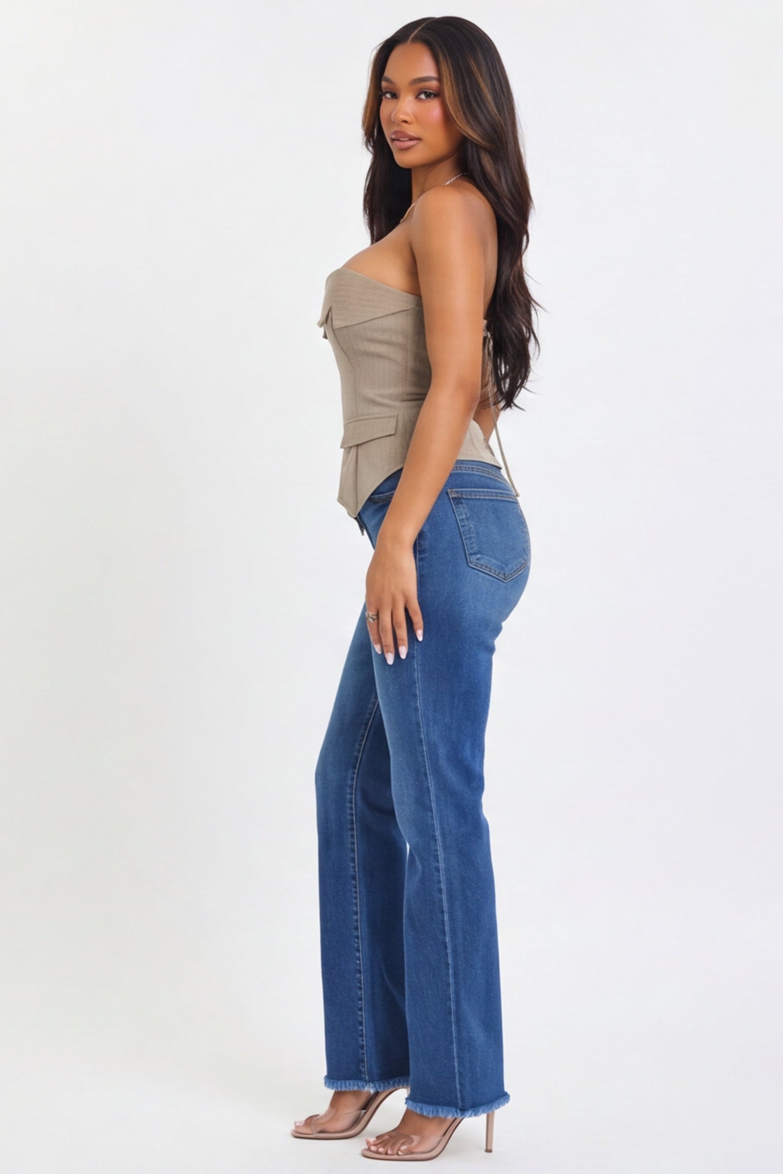 Dark Wash Frayed Waist Mid Rise Bootcut Jeans