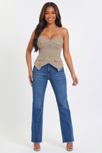 Dark Wash Frayed Waist Mid Rise Bootcut Jeans