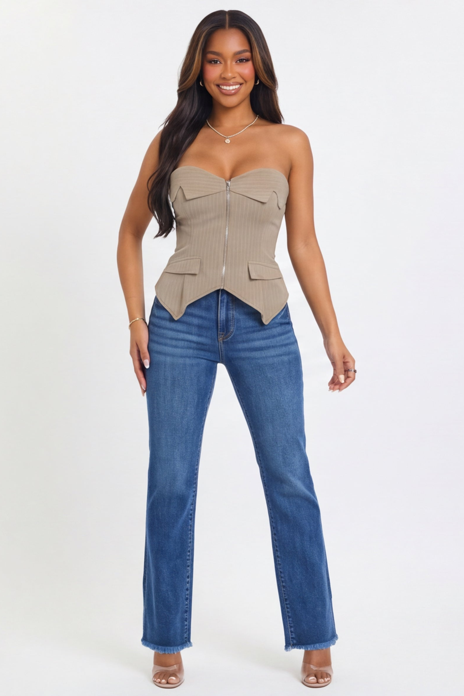 Dark Wash Frayed Waist Mid Rise Bootcut Jeans