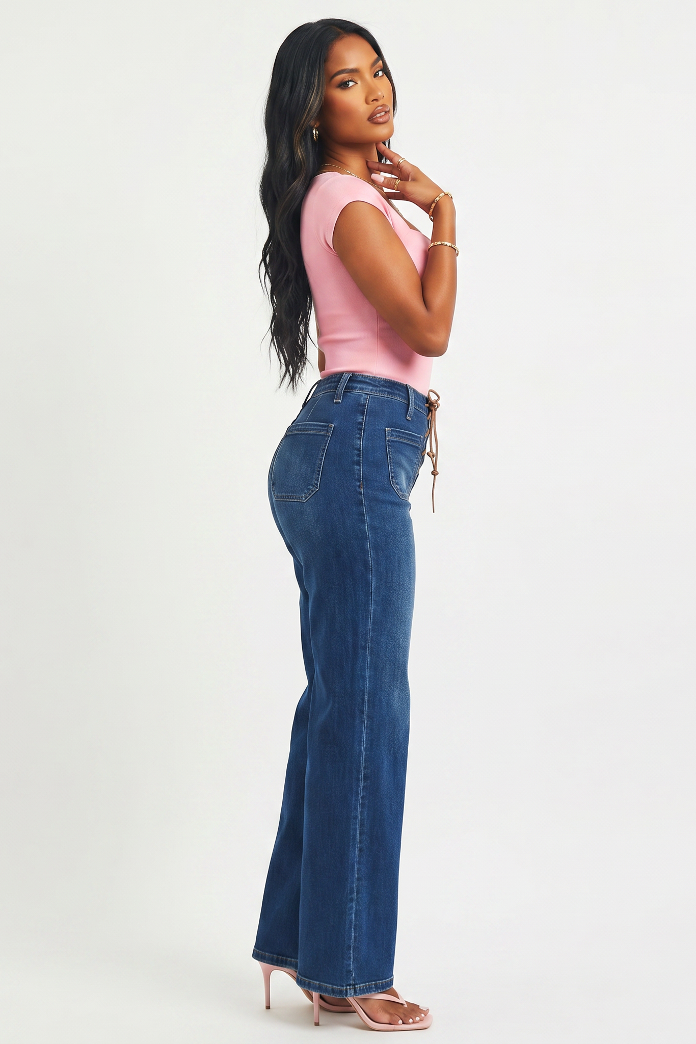 Dark Wash Front Tie High Rise Wide Leg Jeans