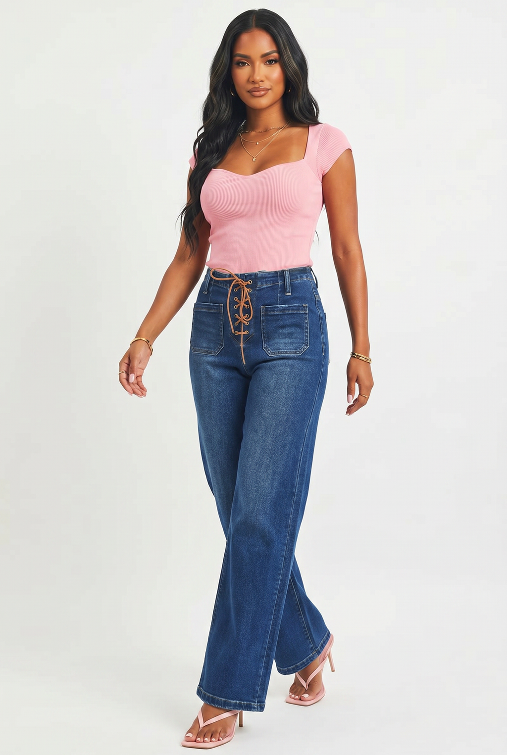 Dark Wash Front Tie High Rise Wide Leg Jeans