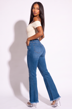 Dark Wash Mid Rise Flare Leg Jeans