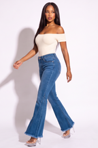 Dark Wash Mid Rise Flare Leg Jeans