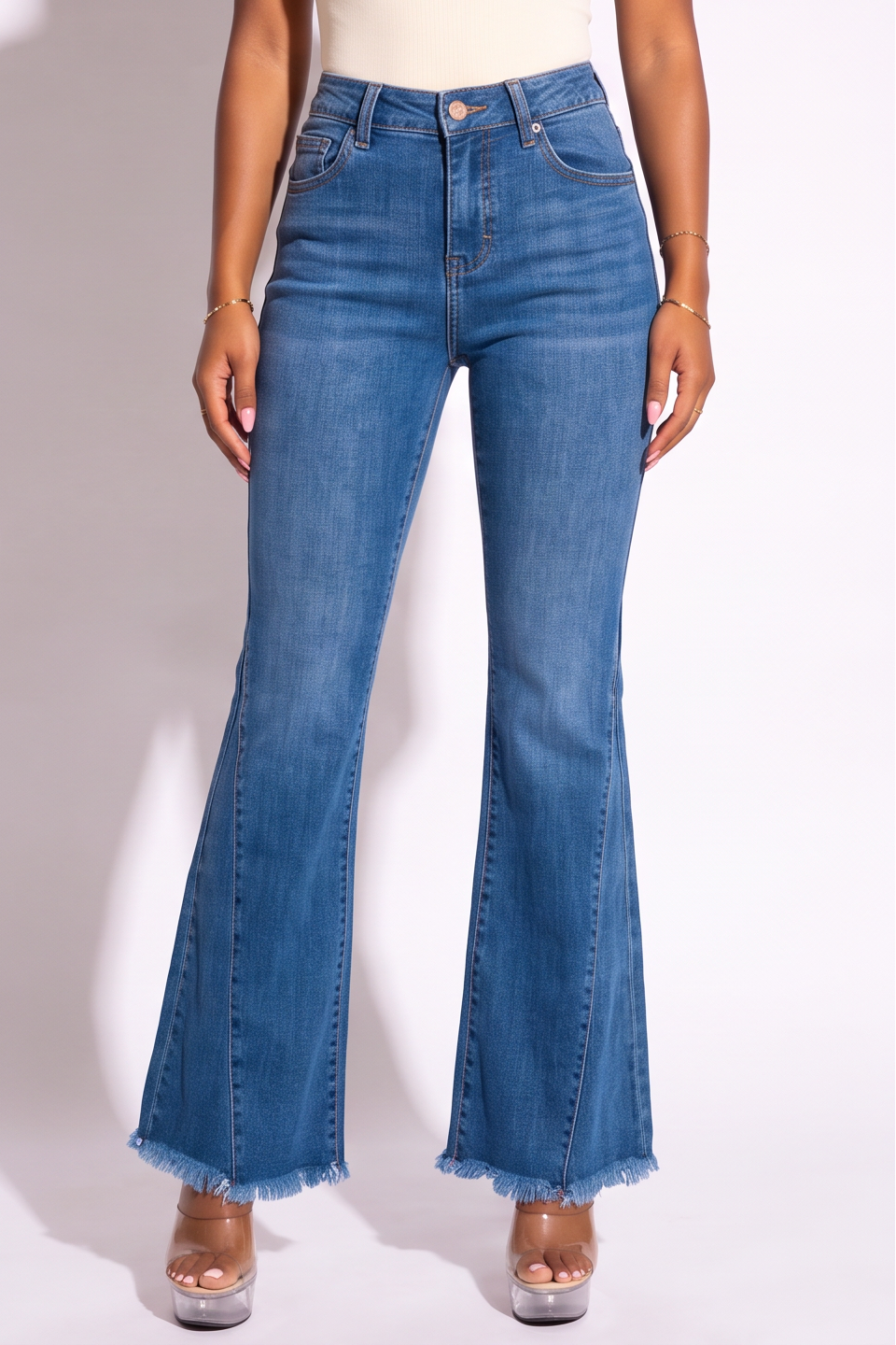 Dark Wash Mid Rise Flare Leg Jeans