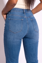Dark Wash Mid Rise Flare Leg Jeans
