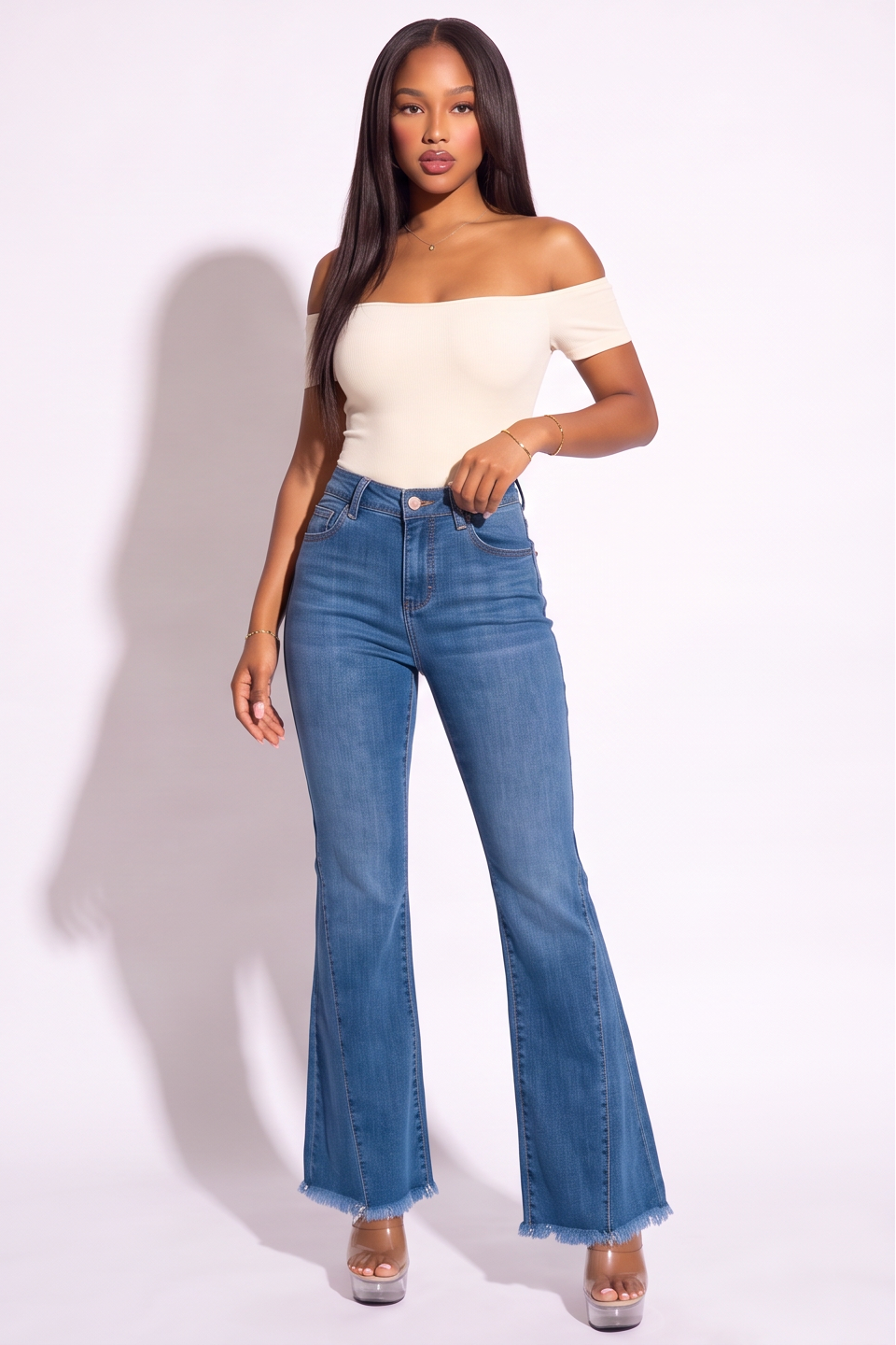 Dark Wash Mid Rise Flare Leg Jeans