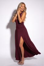 Celeste Deep V Neck Slit Front Ruched Halter Maxi Dress