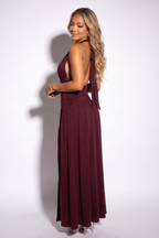 Celeste Deep V Neck Slit Front Ruched Halter Maxi Dress