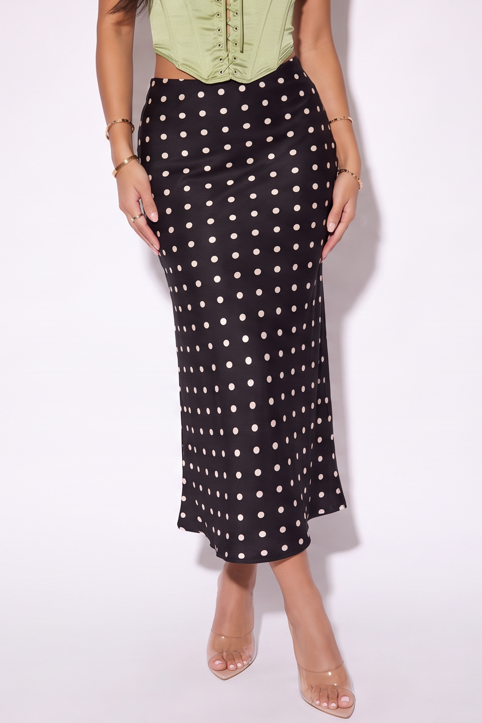 Delphine Bias Cut Polka Dot Midi Skirt
