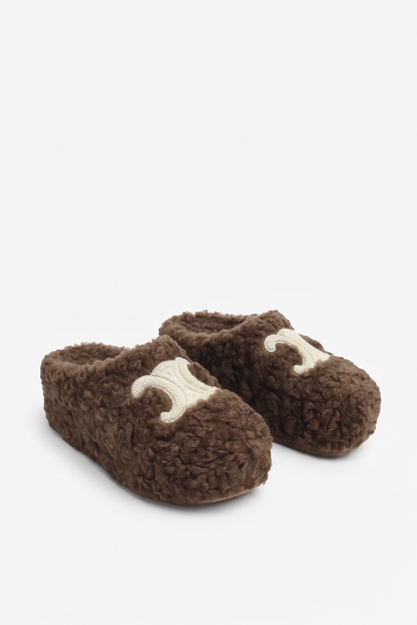 Cora Embroidered Logo Plush Shearling Platform Slippers