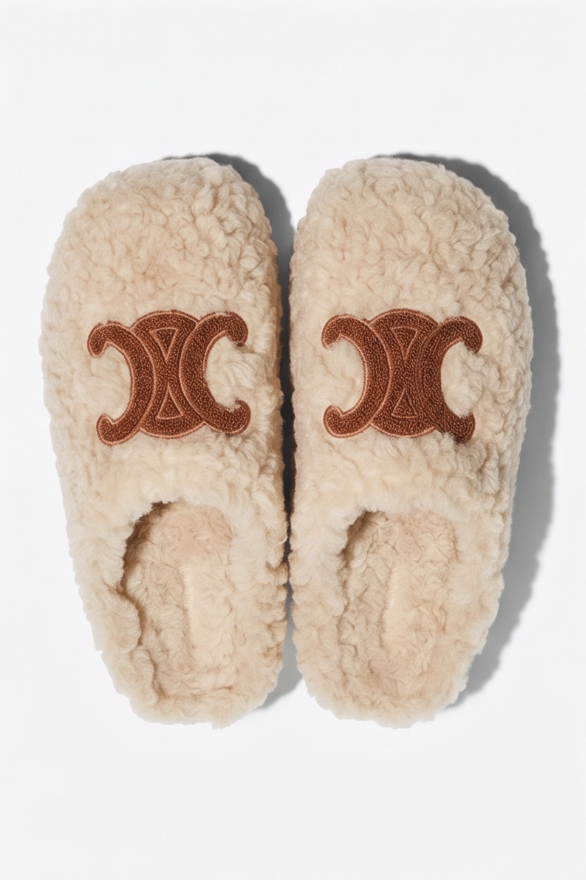 Cora Embroidered Logo Plush Shearling Platform Slippers