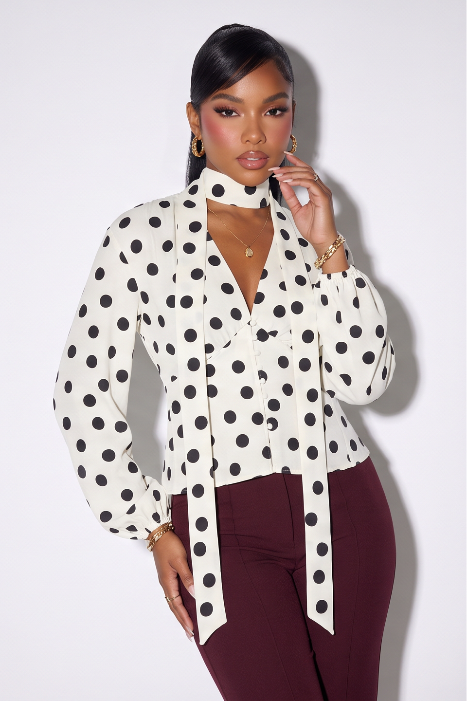 Estelle Polka Dot Scarf Neck Balloon Sleeve Blouse