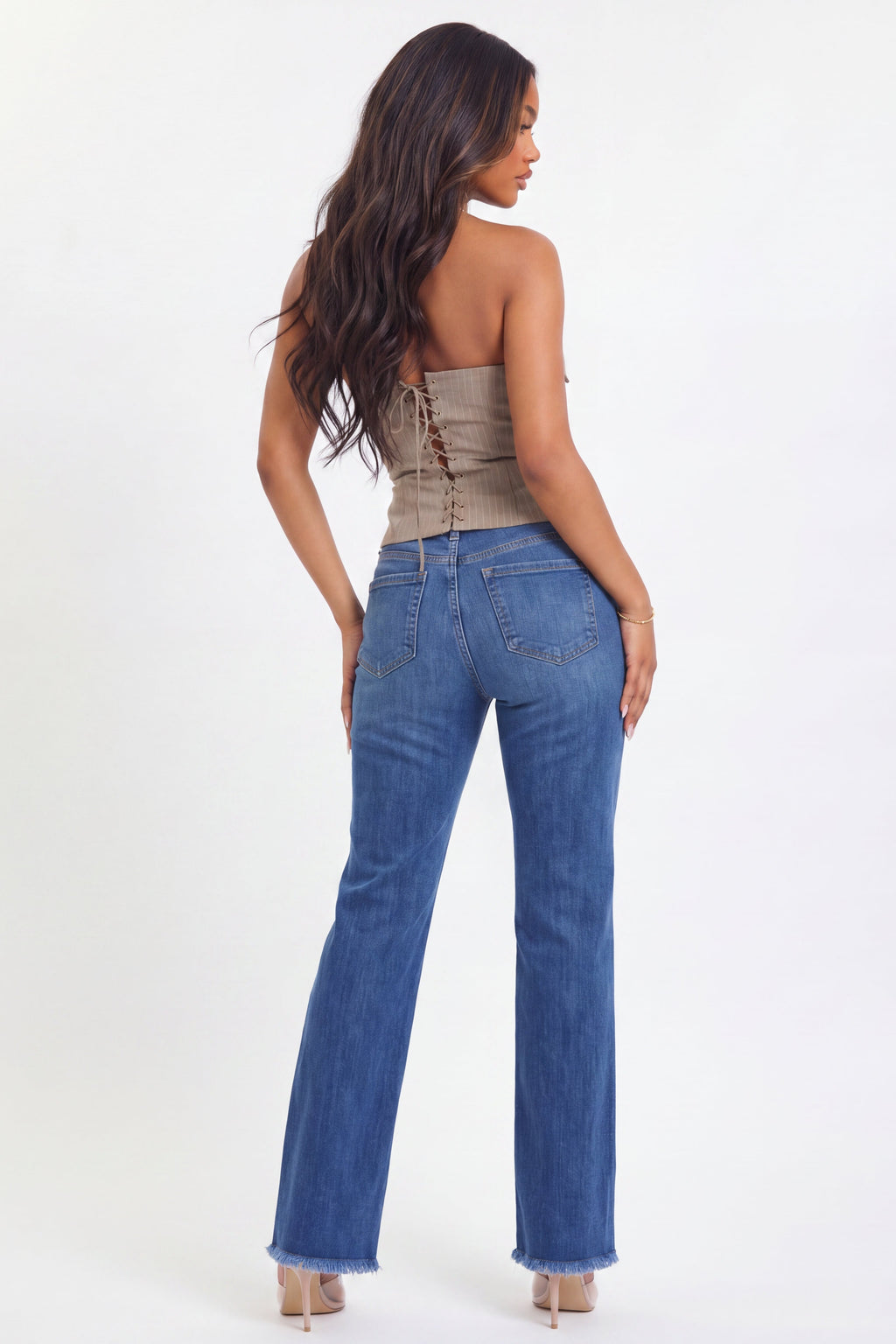 Dark Wash Frayed Waist Mid Rise Bootcut Jeans