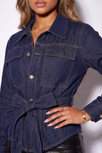 Harper Tie Waist Contrast Stitch Denim Jacket by LuckyRbls, denim jacket shown in a different angle